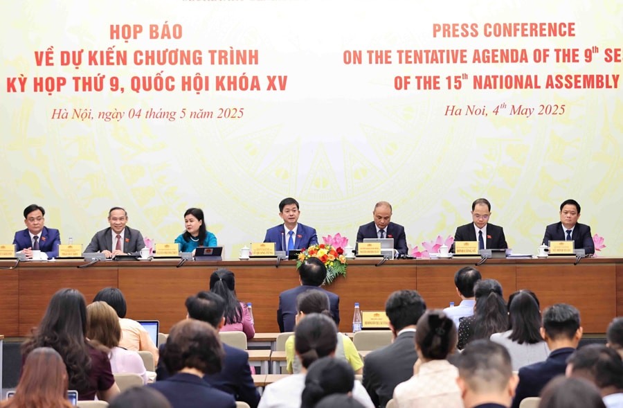 Quang cảnh buổi họp báo về dự kiến chương trình kỳ họp thứ chín, Quốc hội khóa XV, ngày 4-5-2025.