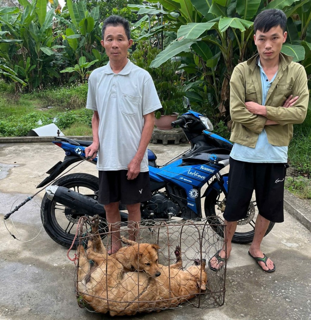 Lê Gia Dũng (Trái), Nguyễn Thế Bình  và số chó trộm cắp được
