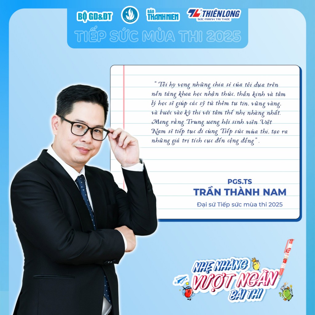 Đại sứ - PGS.TS Trần Thành Nam, Phó Hiệu trưởng Trường Đại học Giáo dục, Đại học Quốc gia Hà Nội – chuyên gia tâm lý học giáo dục, người đồng hành thân thuộc với học sinh cả nước. Đại sứ - PGS.TS Trần Thành Nam, Phó Hiệu trưởng Trường Đại học Giáo dục, Đại học Quốc gia Hà Nội – chuyên gia tâm lý học giáo dục, người đồng hành thân thuộc với học sinh cả nước.