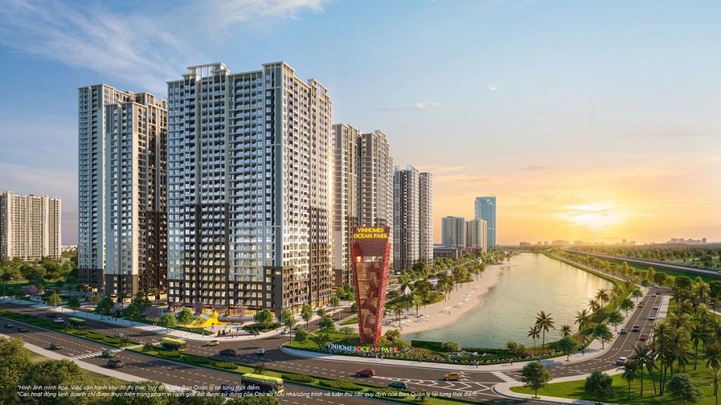 Toà tháp The Royce kế cận hồ San Hô cùng biểu tượng San Hô đỏ, tại vị trí cửa ngõ Vinhomes Ocean Park