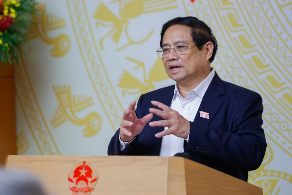 Thủ tướng Phạm Minh Chính phát biểu khai mạc phiên họp lần thứ 4 Ban Chỉ đạo Trung ương triển khai xóa nhà tạm, nhà dột nát trên phạm vi cả nước - Ảnh: VGP/Nhật Bắc