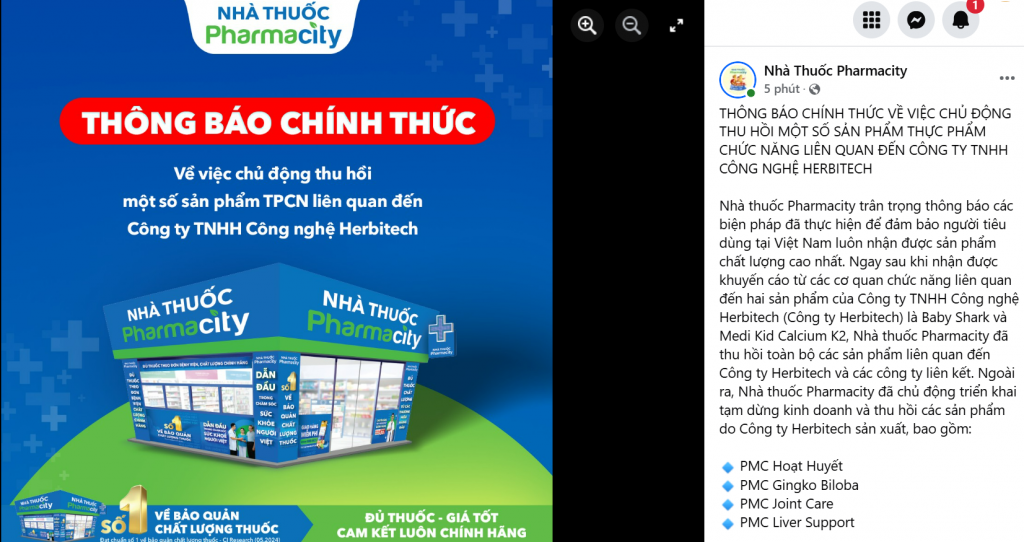Thông báo của Pharmacity trên mạng xã hội 
