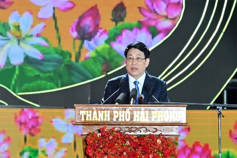 Đồng chí Lương Cường - Uỷ viên Bộ chính trị, chủ tịch nước CHXHCN Việt Nam phát biểu tại buổi lễ