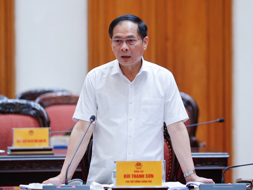 Phó Thủ tướng, Bộ trưởng Bộ Ngoại giao Bùi Thanh Sơn phát biểu tại cuộc họp - Ảnh: VGP/Nhật Bắc