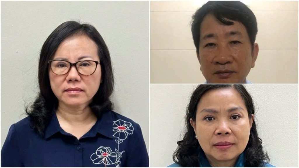 Bị can Trương Thị Thu Hương (trái) và các bị can trong vụ án