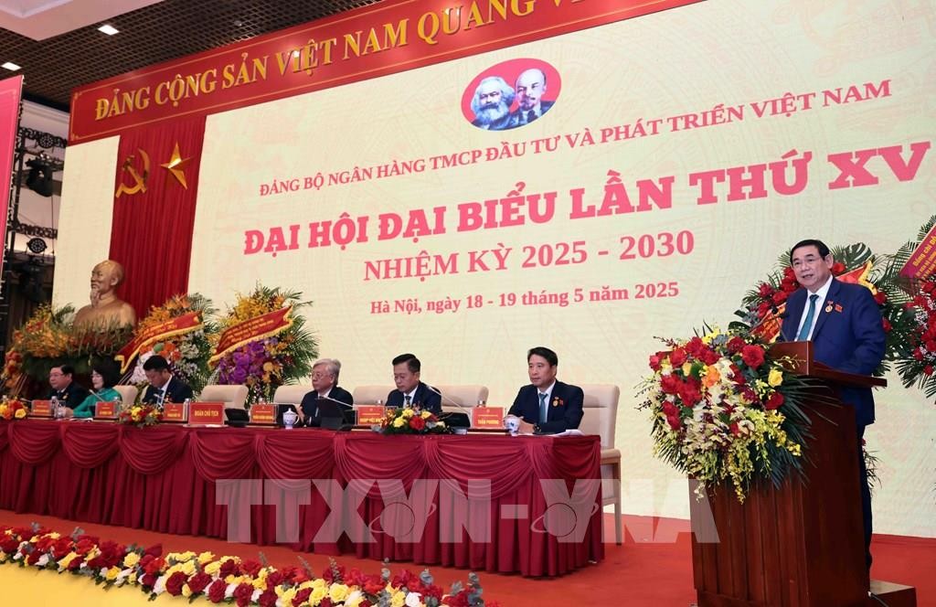 Chủ tịch HĐQT BIDV Phan Đức Tú báo cáo tại Đại hội. Ảnh: Trần Việt - TTXVN 