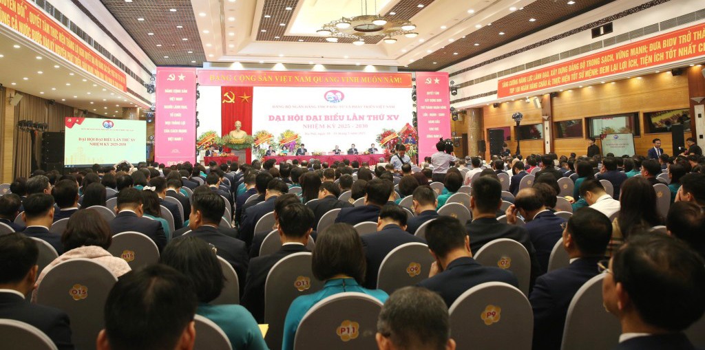 Đại hội đại biểu lần thứ XV (nhiệm kỳ 2025-2030) của Đảng bộ Ngân hàng TMCP Đầu tư và Phát triển Việt Nam (BIDV) tổ chức vào sáng 19/5 - Ảnh: VGP/Đình Hải