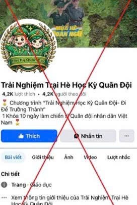 Fanpage lừa đảo “Trải nghiệm trại hè học kỳ quân đội” trên Facebook.  Ảnh: Công an TP Hồ Chí Minh
