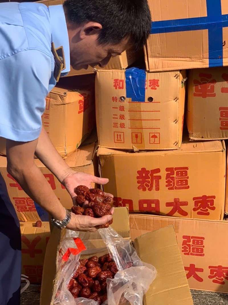 Lực lượng QLTT kiểm tra số táo đỏ khô có dấu hiệu vi phạm