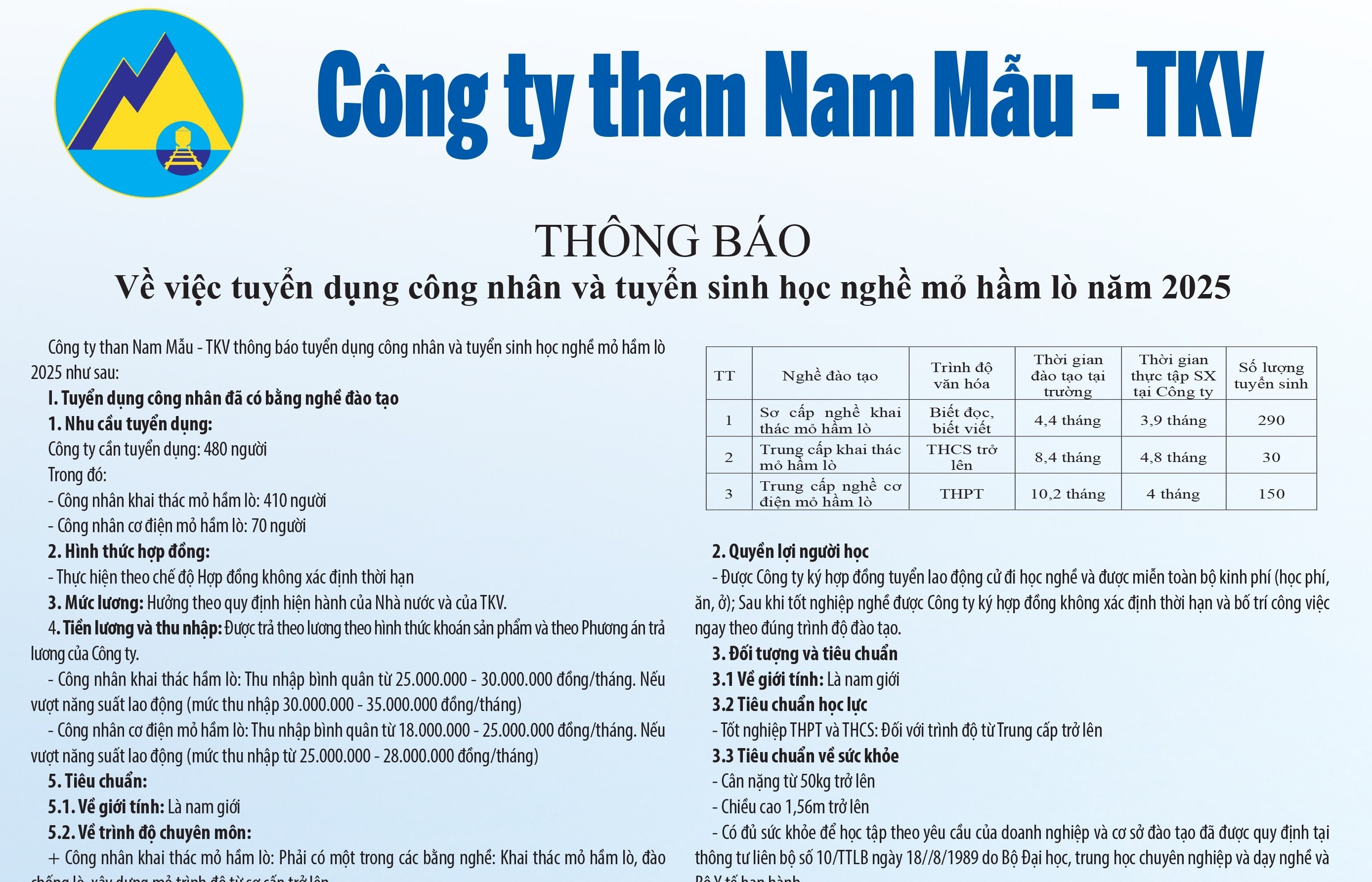 Tuyển công nhân và tuyển sinh học nghề mỏ hầm lò năm 2025