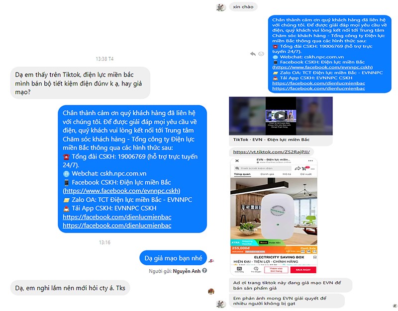Hình ảnh khách hàng phản ánh tới fanpage Tổng công ty Điện lực miền Bắc