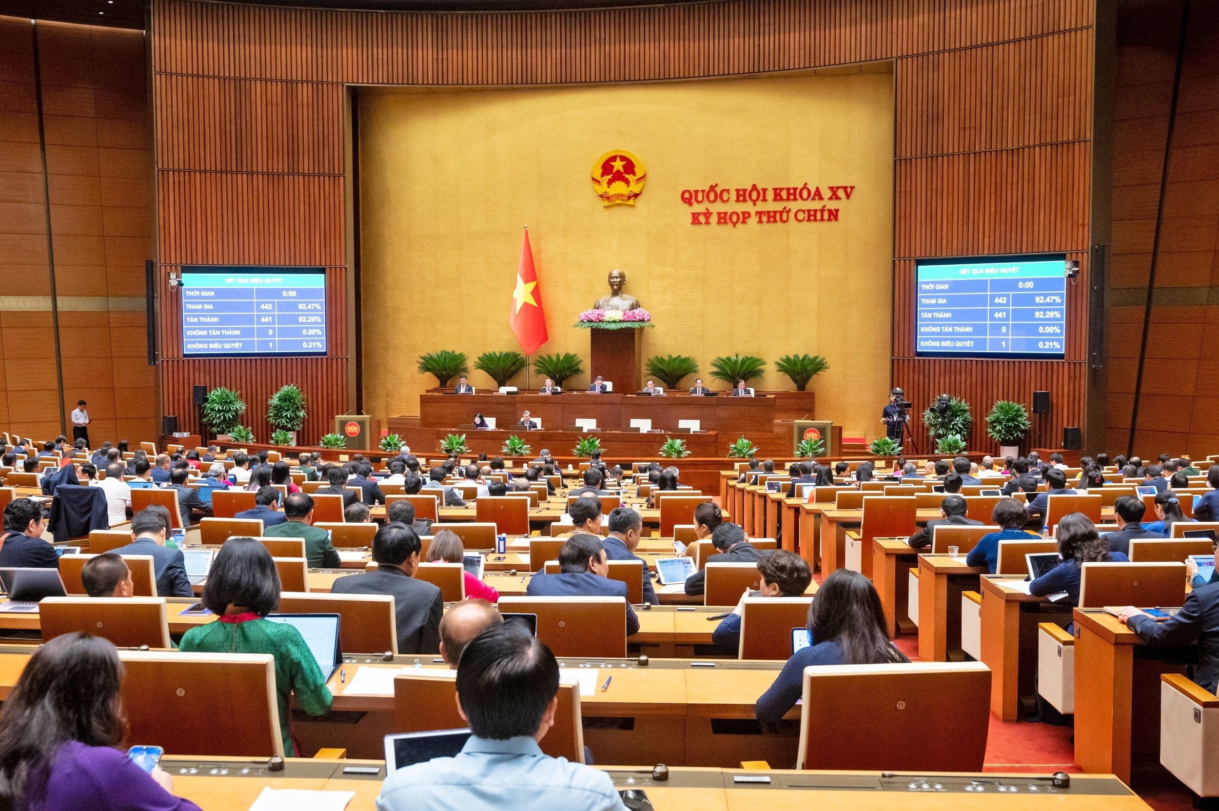Quốc hội biểu quyết thông qua Luật Năng lượng nguyên tử (sửa đổi) với 441/442 ĐBQH có mặt tham gia biểu quyết tán thành. Ảnh: Phạm Thắng