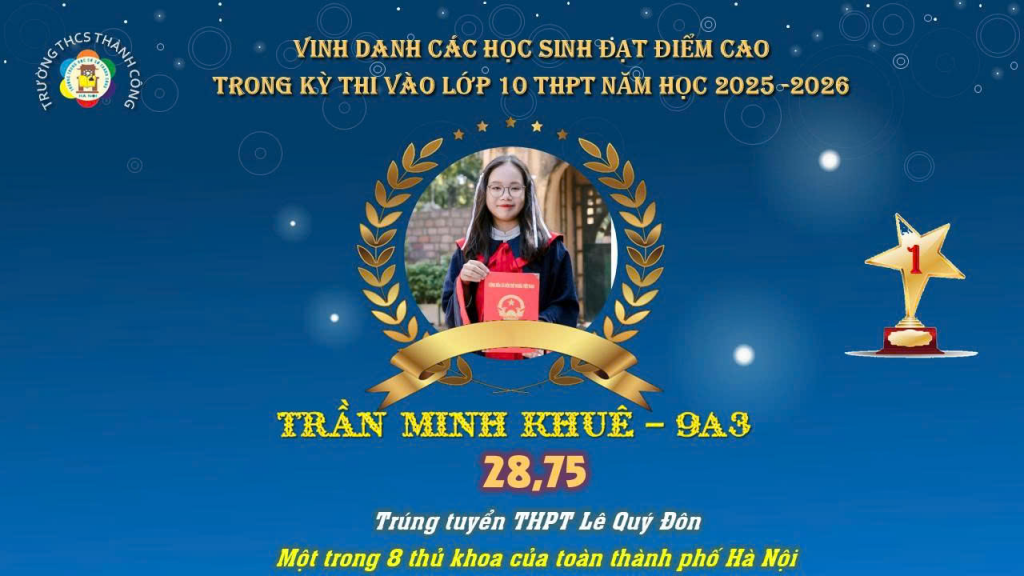 Trường THCS Thành Công – Phường Giảng Võ vinh danh học sinh đạt thủ khoa toàn Thành phố trong kỳ thi vào lớp 10.