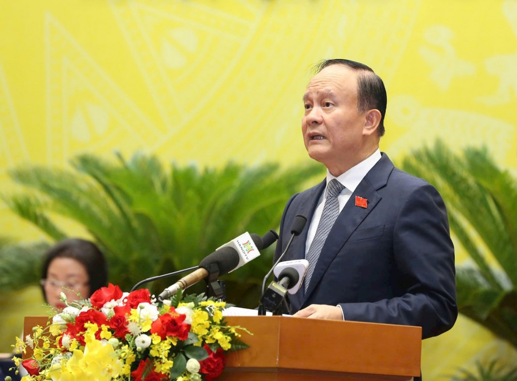Phó Bí thư Thành ủy, Chủ tịch HĐND thành phố Nguyễn Ngọc Tuấn phát biểu khai mạc kỳ họp thứ 25, HĐND thành phố Hà Nội. 