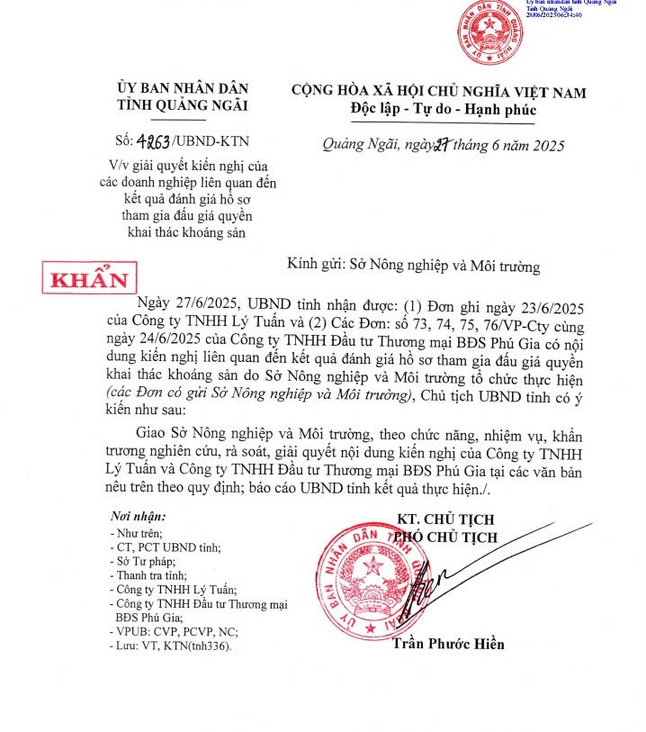 Công văn số 4263/UBND-KTL của tỉnh Quảng Ngãi