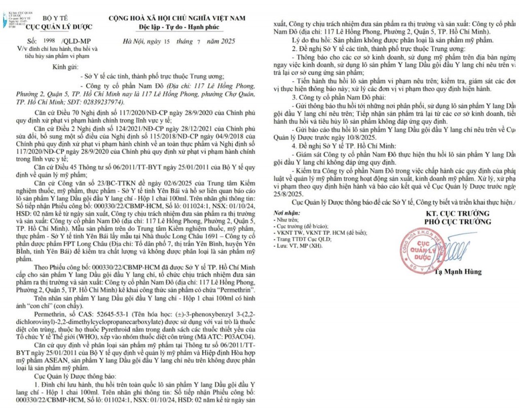 Văn bản đình chỉ lưu hành và thu hồi trên toàn quốc lô sản phẩm Y lang Dầu gội đầu Y lang chí, do Công ty Cổ phần Nam Đô sản xuất
