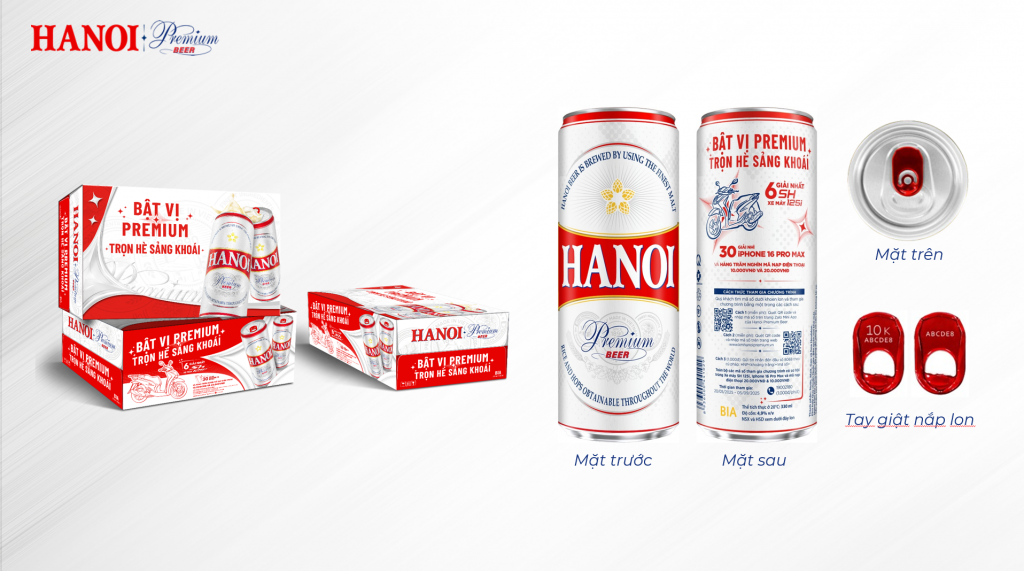 Bao bì Thùng &amp; Lon bia Hanoi Premium có thông tin chương trình khuyến mại (Bao gồm Hình ảnh minh hoạ thùng, mặt trước &amp; mặt sau lon, nắp &amp; khoen lon)