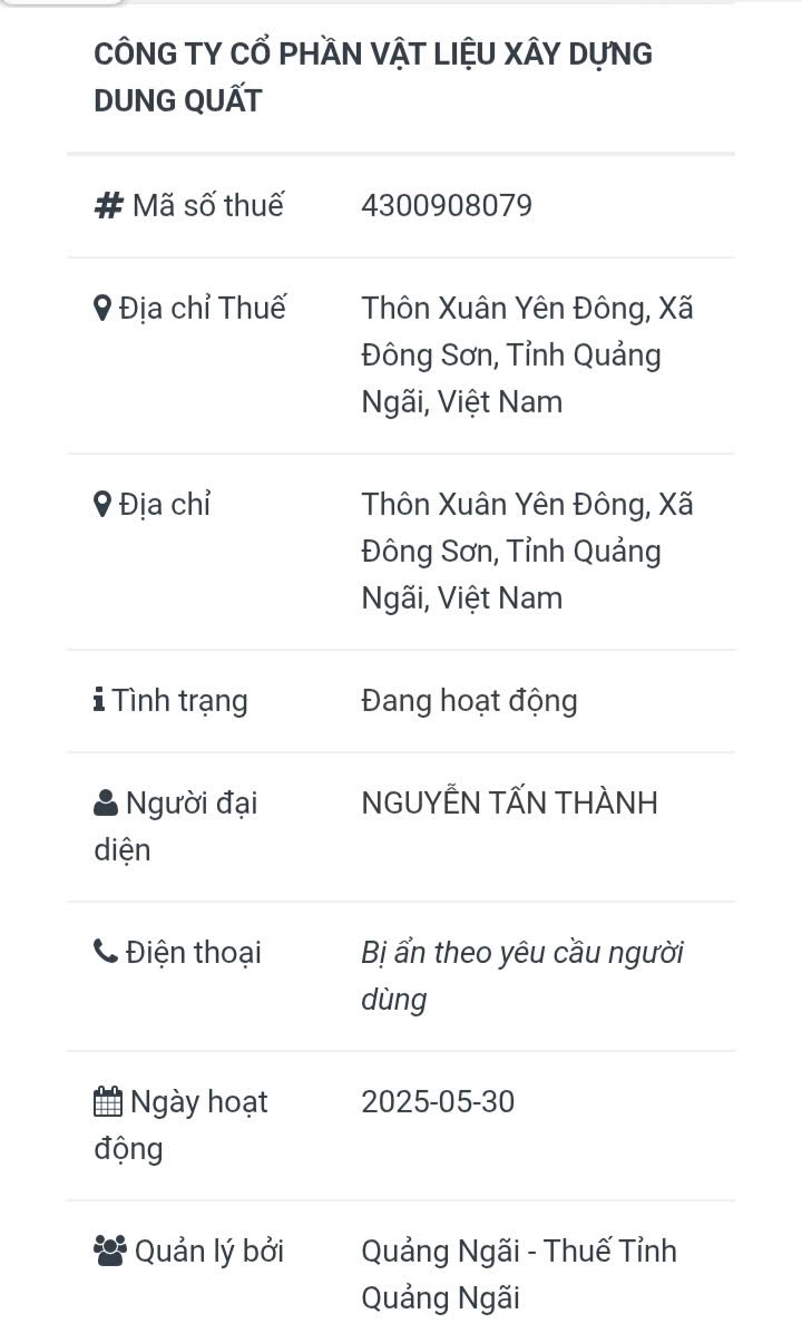 Công ty Cổ phần Vật Liệu Xây Dựng Dung Quất, có địa chỉ tại Xã Đông Sơn, tỉnh Quảng Ngãi được thành lập ngày 30/5/2025 (sau thời điểm Thông báo đấu giá 23/5/2025), 