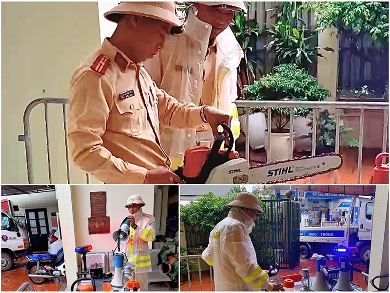 Lực lượng CSGT chuẩn bị các phương tiện cưa máy, loa pin, dụng cụ cứu hộ… để ứng phó với bão số 3