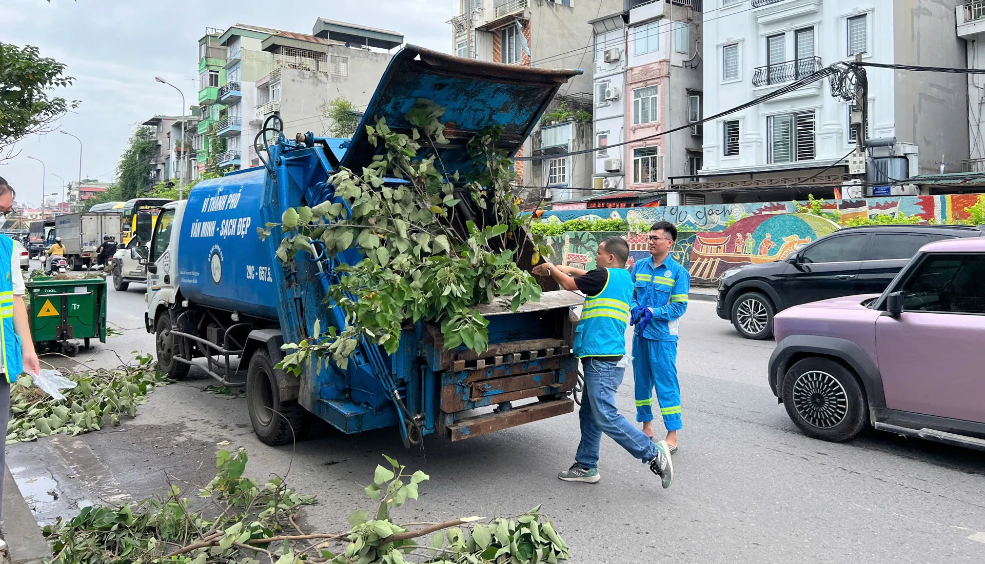 Các công nhân tổ chức thu dọn hệ thống các cành, thân cây gãy đổ.
