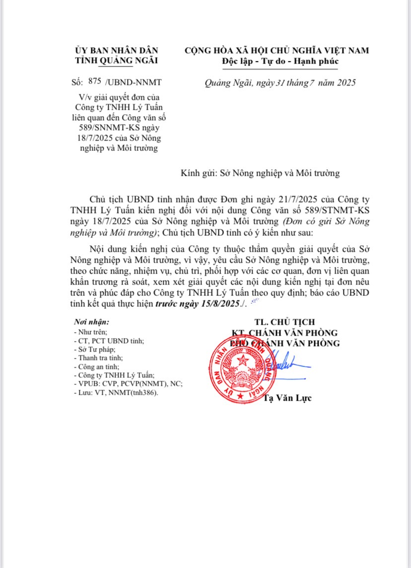 Công văn số 875/UBND-NNMT