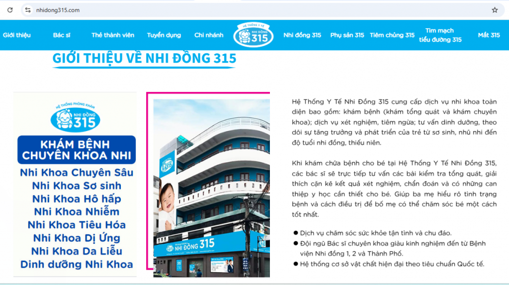 Thông tin quảng cáo, giới thiệu về Hệ thông Phòng khám Nhi đồng 315 trên (ảnh chụp màn hình website)