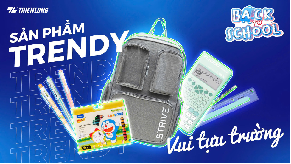 Trong mùa bán hàng cao điểm năm nay, Thiên Long tiếp tục khẳng định vị thế dẫn đầu thị trường với loạt sản phẩm chủ lực được đầu tư mạnh về thiết kế, chất lượng và tính ứng dụng đổi mới cho nhóm Bút viết, Máy tính, Balo, Tập học sinh, Mỹ thuật,... Mỗi sản phẩm đều được tối ưu để đáp ứng xu hướng tiêu dùng mới, phục vụ tốt nhất cho mùa tựu trường với đa dạng nhu cầu học sinh sinh viên. 