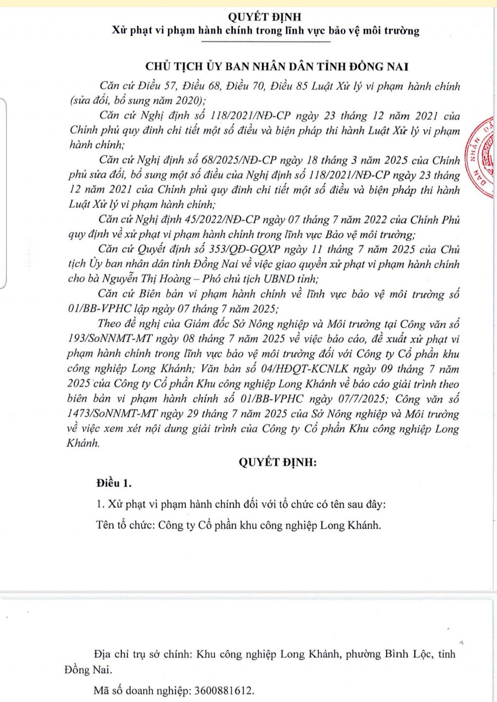 Một phần quyết định xử phạt