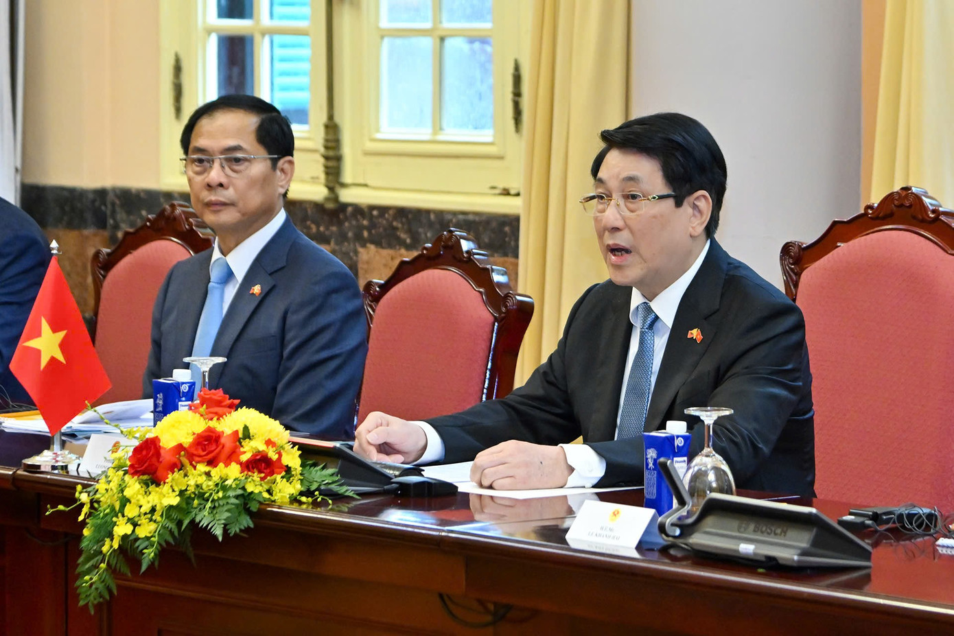 Chủ tịch nước Lương Cường phát biểu tại cuộc hội đàm với Quốc vương Bhutan. Ảnh: Nhật Minh gen-h-bhutan-10.jpg