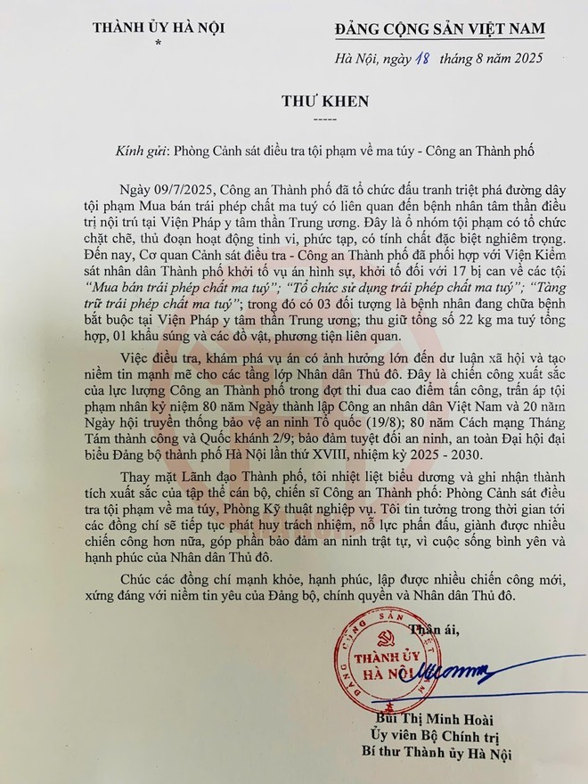 Đồng chí Bùi Thị Minh Hoài, Uỷ viên Bộ Chính trị, Bí thư Thành uỷ Hà Nội gửi thư khen các đơn vị Công an Hà Nội