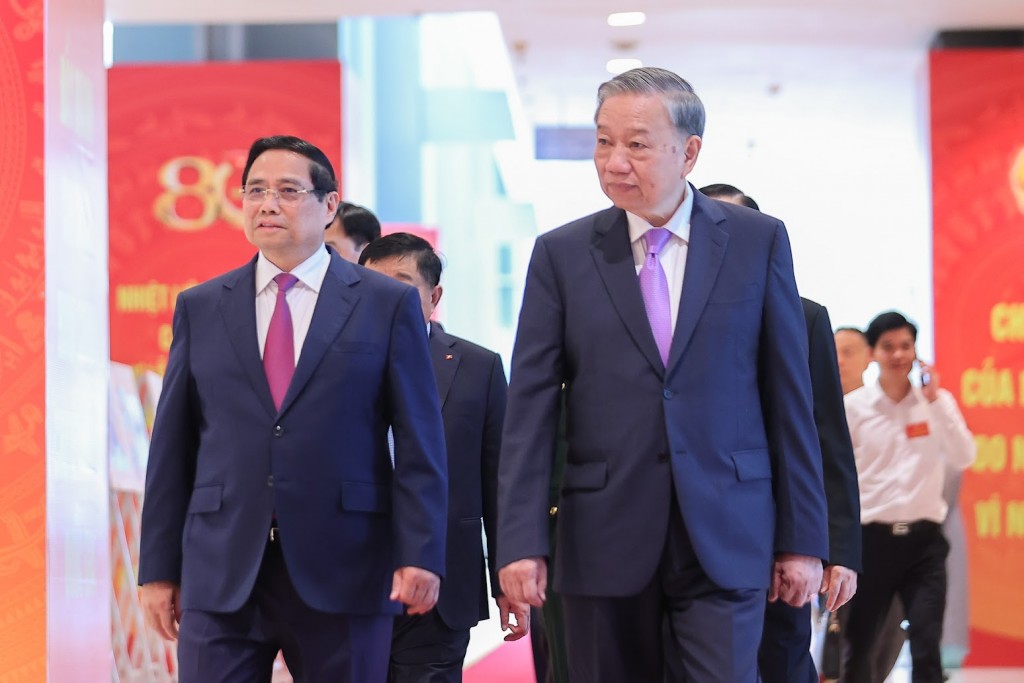 Tổng Bí thư Tô Lâm, Thủ tướng Phạm Minh Chính và các đại biểu dự Lễ kỷ niệm - Ảnh VGP/Nhật Bắc