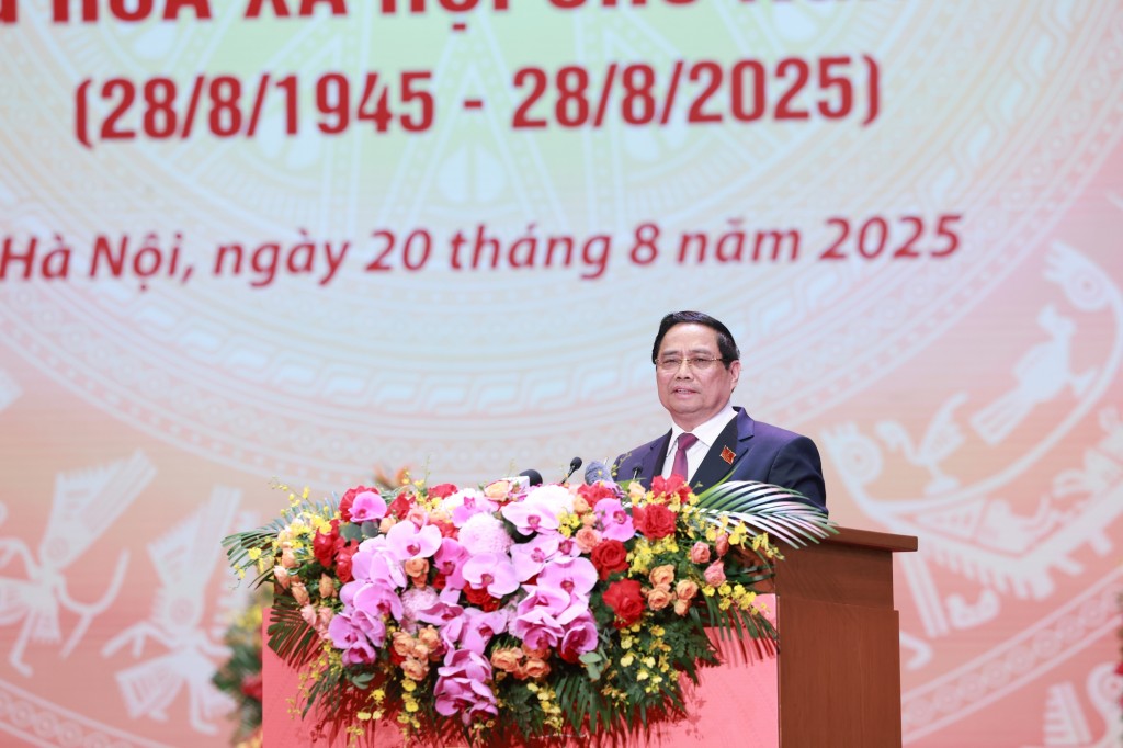 Thủ tướng Phạm Minh Chính trình bày Diễn văn tại lễ kỷ niệm - Ảnh VGP/Nhật Bắc