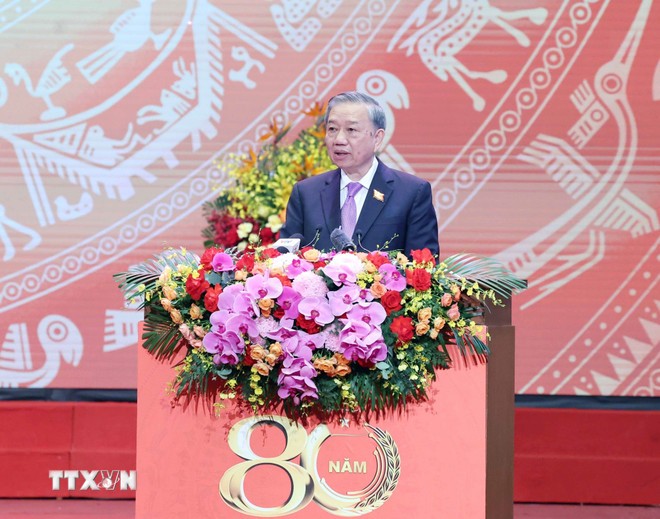 Tổng Bí thư Tô Lâm phát biểu tại Lễ kỷ niệm 80 năm thành lập Chính phủ. (Ảnh: Thống Nhất/TTXVN)