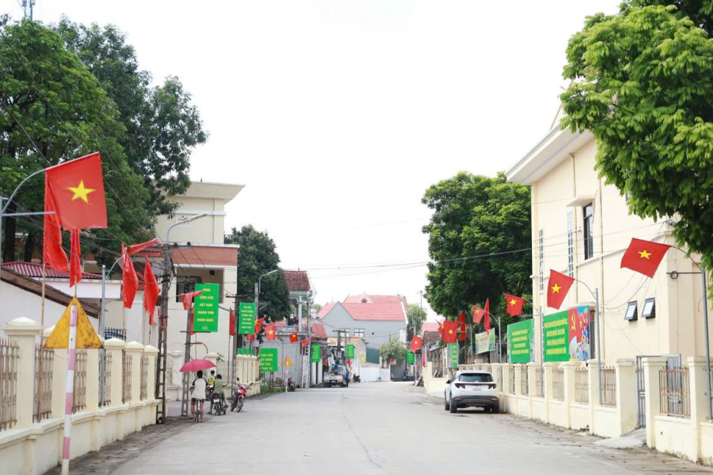 Đường làng, ngõ xóm khoác tấm áo mới với hàng trăm lá cờ tung bay trong gió