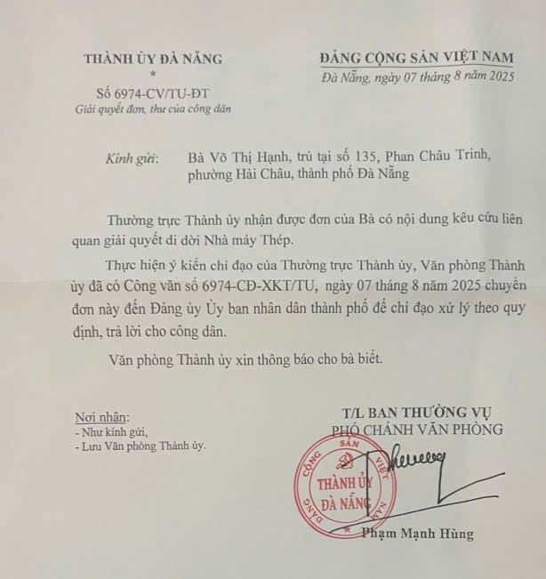 Phiếu chuyển đơn của Thường trực Thành ủy và Ban Nội chính Thành ủy Đà Nẵng