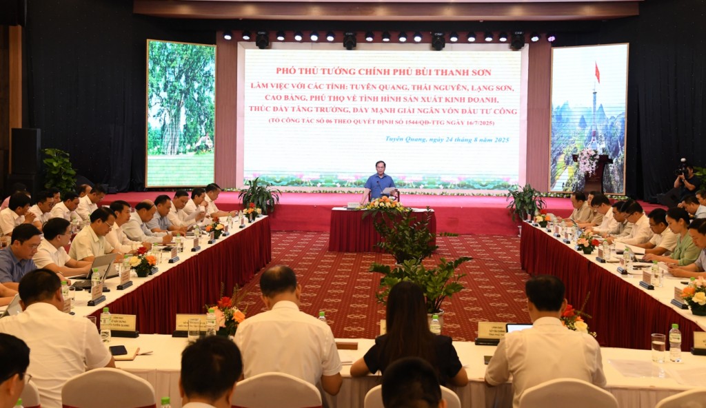 Phó Thủ tướng Bùi Thanh Sơn nhấn mạnh các địa phương cần rà soát, cập nhật kịch bản tăng trưởng năm 2025, trong đó lưu ý phát triển dịch vụ du lịch; phát huy bản sắc văn hoá - Ảnh: VGP/Hải Minh
