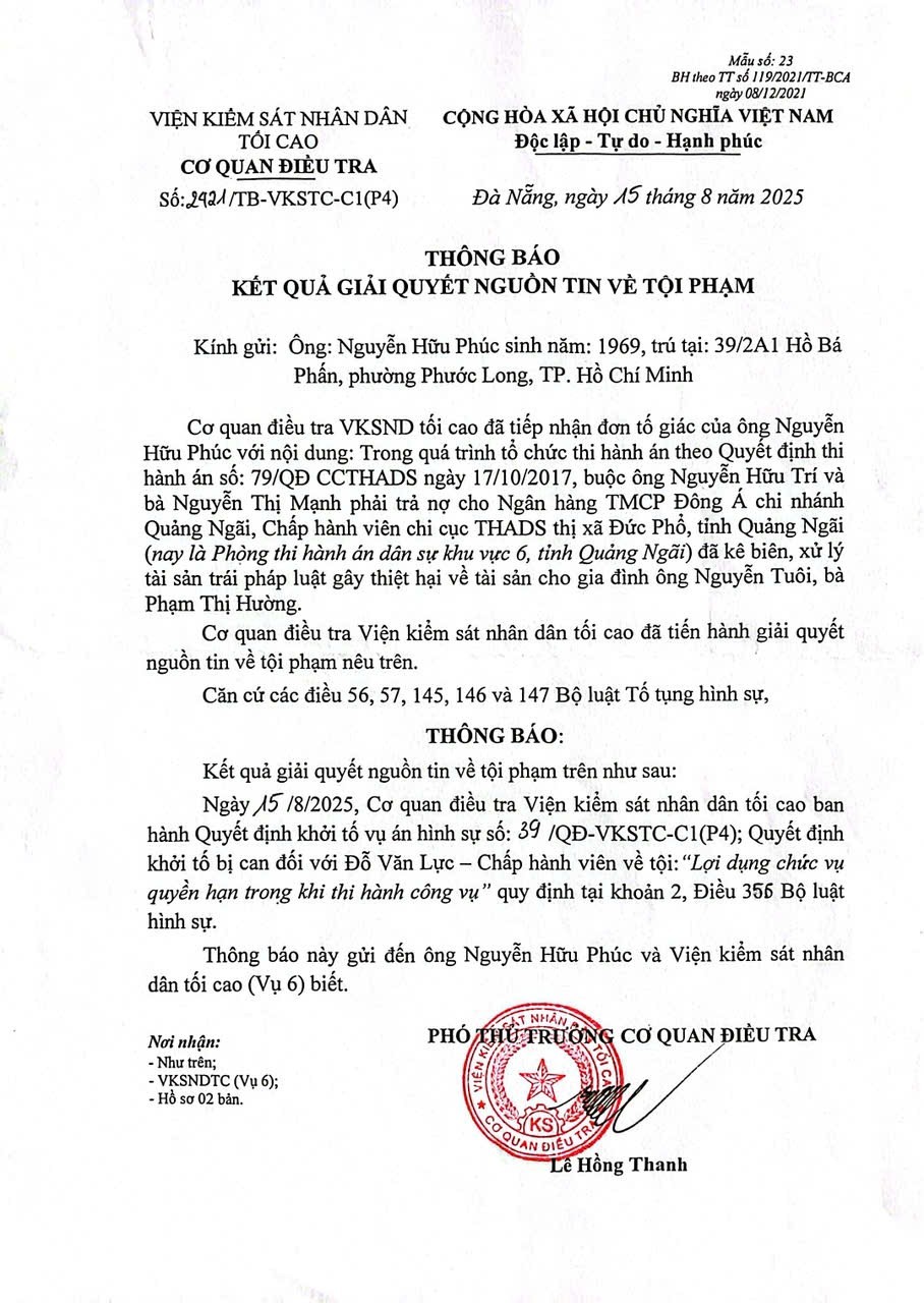 Thông báo của VKSNDTC về việc khởi tố vụ án, khởi tố bị can 