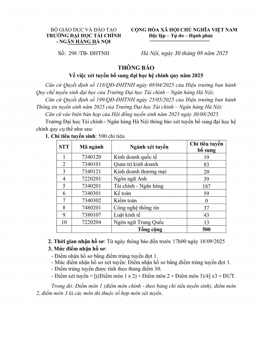 Trường Đại học Tài chính - Ngân hàng Hà Nội xét tuyển bổ sung đại học hệ chính quy năm 2025
