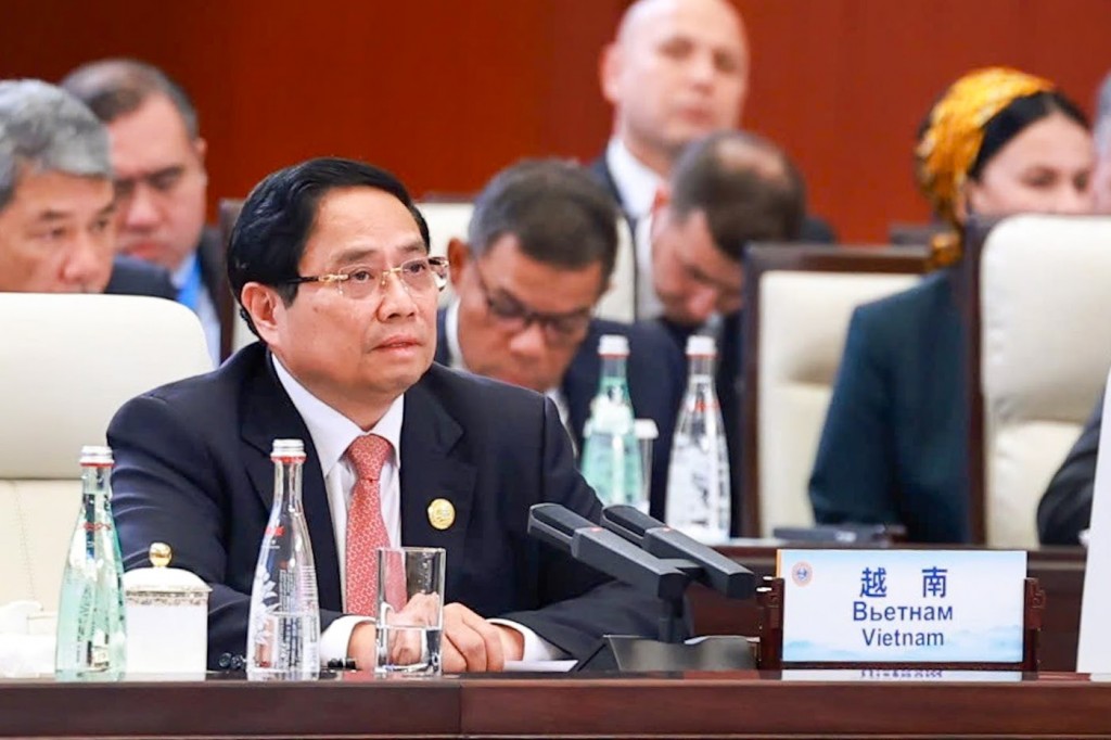Thủ tướng Chính phủ Phạm Minh Chính phát biểu tại Hội nghị Thượng đỉnh Tổ chức hợp tác Thượng Hải (SCO) mở rộng - Ảnh: TTXVN