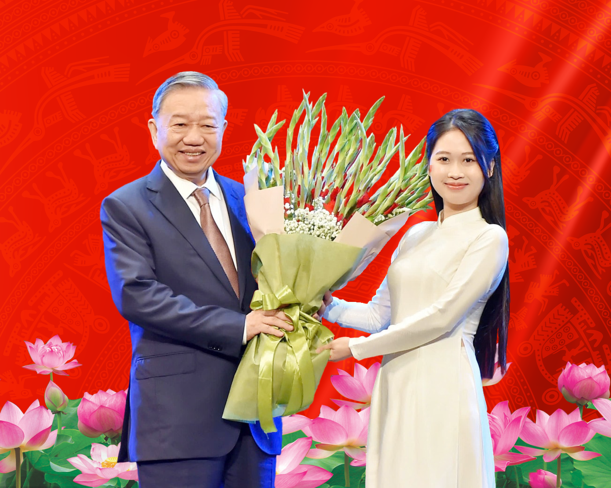 Sinh viên Đại học Quốc gia Hà Nội tặng hoa chúc mừng Tổng Bí thư Tô Lâm