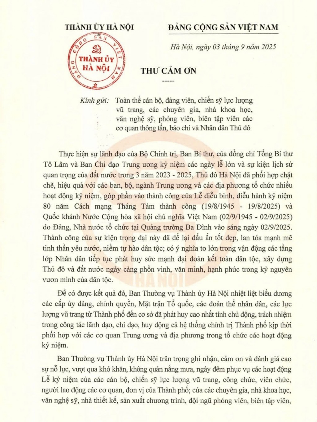 Thành ủy Hà Nội gửi thư cảm ơn các lực lượng tham gia phục vụ A80