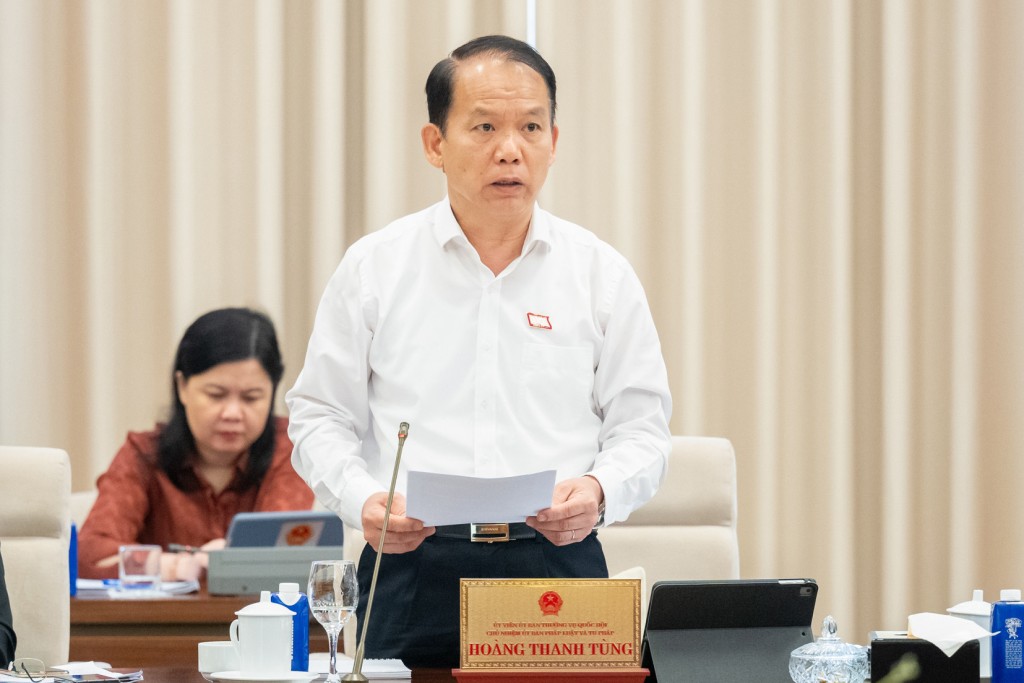 Chủ nhiệm Ủy ban Pháp luật và Tư pháp Hoàng Thanh Tùng trình bày thẩm tra. Ả
