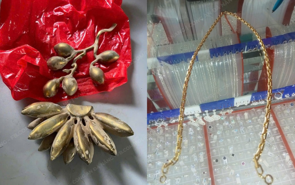 Nải chuối và nhánh cau bằng đồng mạ vàng giả, được đối tượng Phan Văn Đức dùng để lừa đảo. (ảnh: Công an Đà Nẵng) Nải chuối và nhánh cau bằng đồng mạ vàng giả, được đối tượng Phan Văn Đức dùng để lừa đảo. (ảnh: Công an Đà Nẵng)