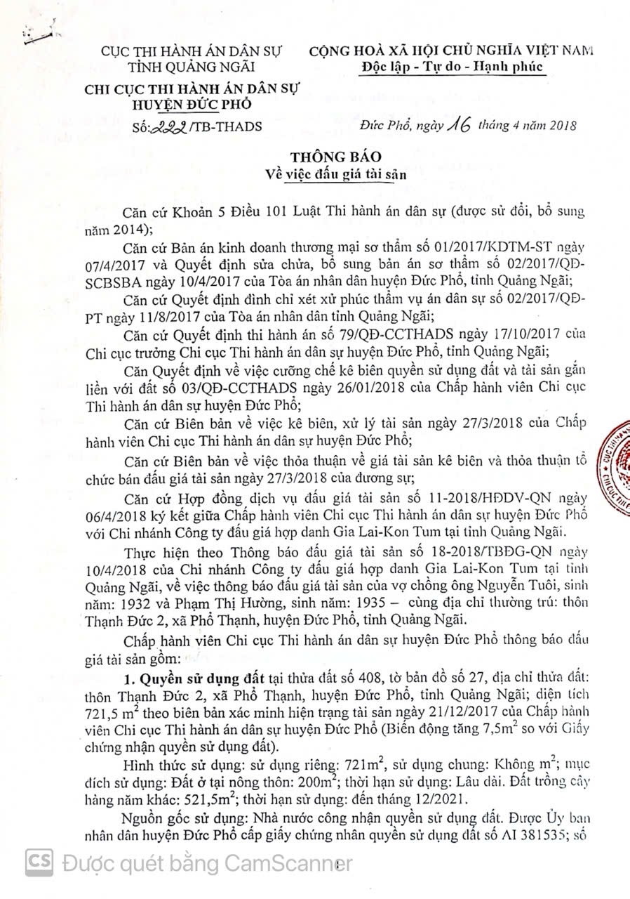 Thông báo việc đấu giá tài sản số 222/TB-THADS Thông báo việc đấu giá tài sản số 222/TB-THADS
