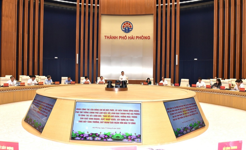Phó Thủ tướng gợi mở các trụ cột phát triển trong thời gian tới của Hải Phòng, như: Công nghiệp cảng biển và logistics đường thủy nội địa; đẩy mạnh phát triển công nghiệp chế biến, chế tạo, năng lượng tái tạo, nông nghiệp công nghệ cao, kinh tế biển... - Ảnh: VGP/Trần Mạnh