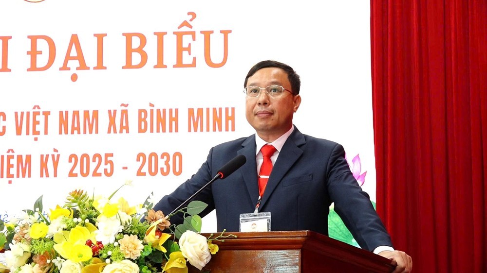 Chủ tịch Ủy ban MTTQ Việt Nam xã Bình Minh Nguyễn Văn Huy phát biểu tại Đại hội. Ảnh: Đỗ Phong Chủ tịch Ủy ban MTTQ Việt Nam xã Bình Minh Nguyễn Văn Huy phát biểu tại Đại hội. Ảnh: Đỗ Phong