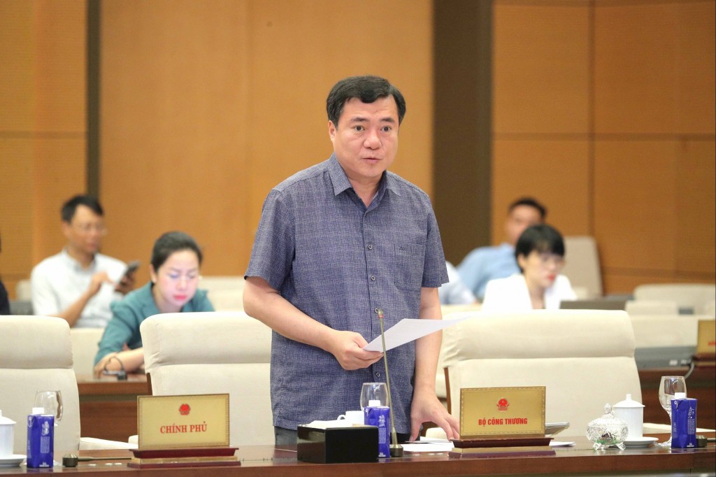 Thứ trưởng Bộ Công Thương Nguyễn Sinh Nhật Tân trình bày tờ trình dự án Luật Thương mại điện tử