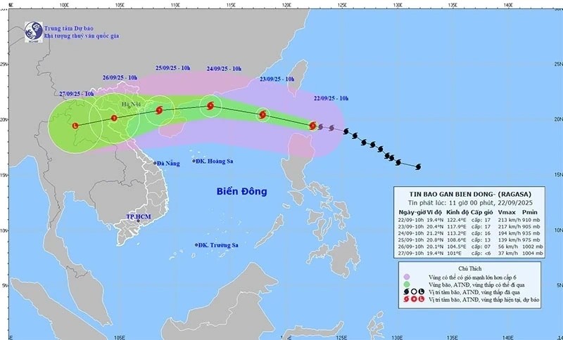 Vị trí và đường đi của bão. (Nguồn: Trung tâm Dự báo Khí tượng Thủy văn Quốc gia)