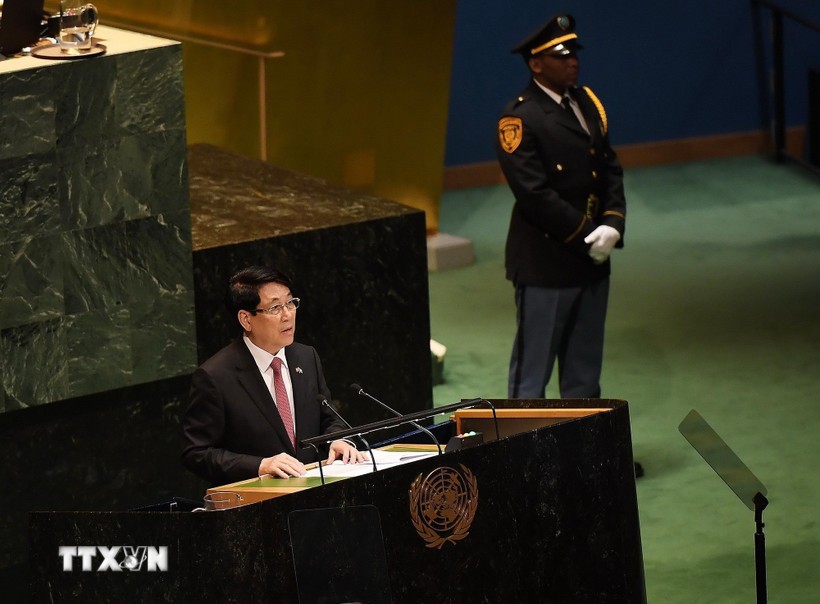 Chủ tịch nước Lương Cường phát biểu tại Phiên Thảo luận chung cấp cao Đại hội đồng Liên hợp quốc Khóa 80. (Ảnh: Lâm Khánh/TTXVN)