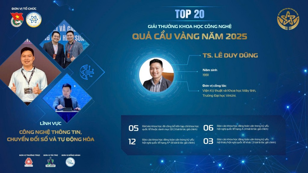 Tiễn sĩ Lê Huy Dũng lọt top 20 đề cử Giải thưởng Khoa học công nghệ Quả cầu vàng 2025